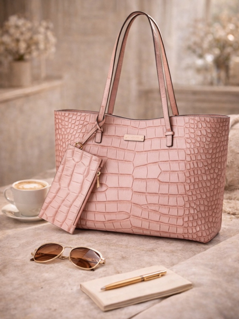 De Vesi Pink Croc Embossed Leather Tote Shoulder bag Structured bag